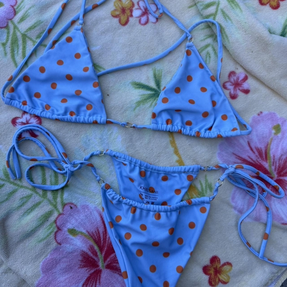 Khassani Blue Polka Dot String Ties Triangle Bikini Set